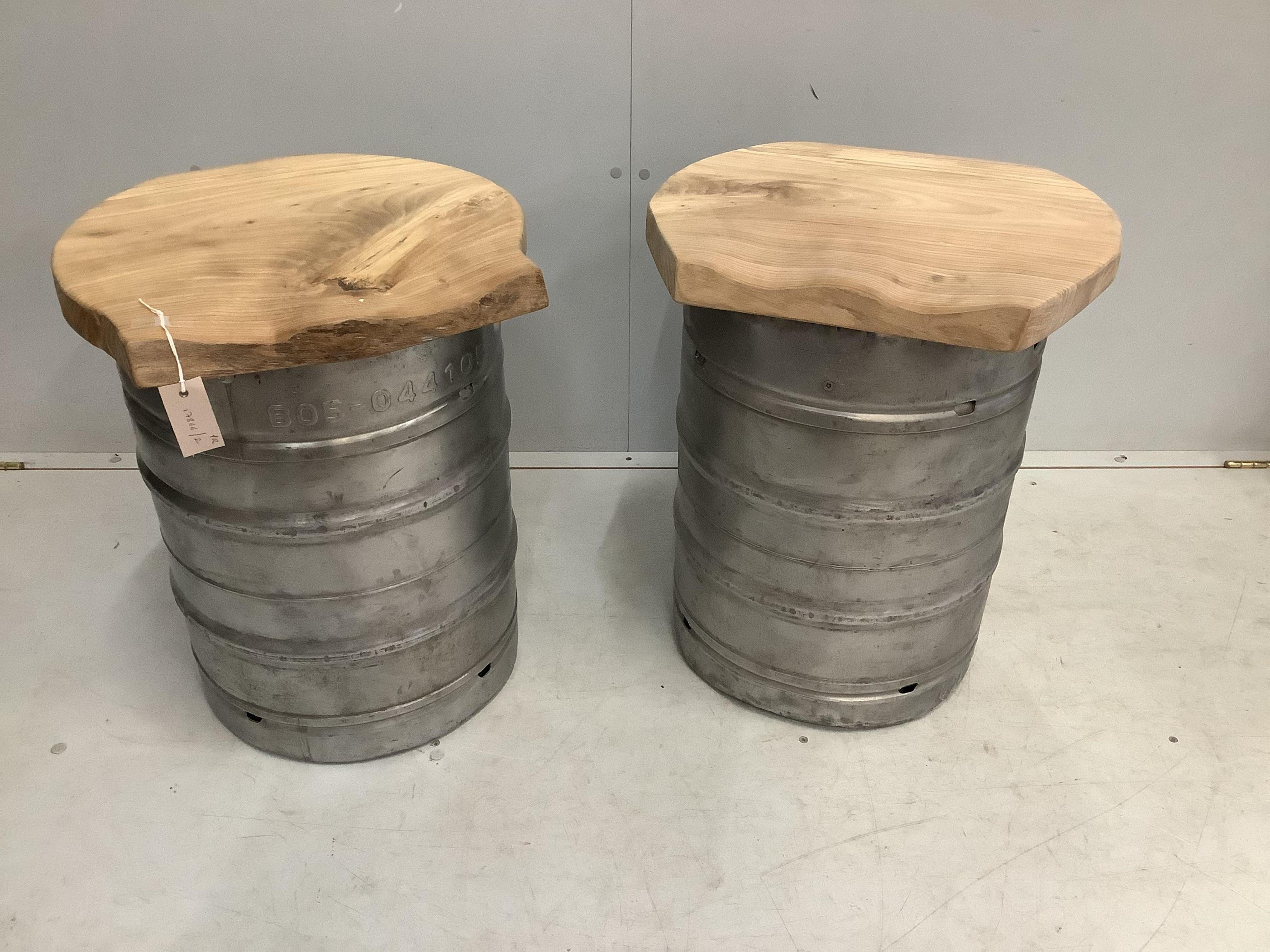 Two beer keg stools with elm seats, width 46cm, height 58cm. Condition - good